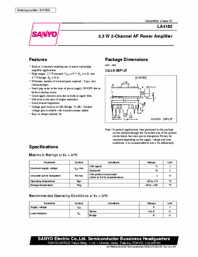 Sanyo LA4182 2.3W 2-Channel AF Power Amplifier=KA2206B