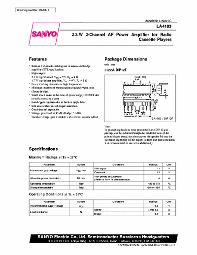 Sanyo LA4183 2.3W 2-channel AF power amplifier for radio cassette players