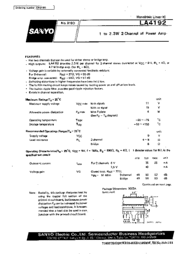 Sanyo LA4192 1 to 2.3w 2-channel af power amp