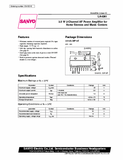 Sanyo LA4261 3.5W 2-channel AF power amplifier for home stereos and music centres