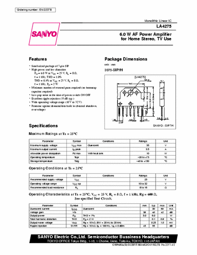 Sanyo LA4275 6.0W AF power amplifier