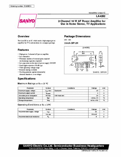 Sanyo LA4282 2-channel 10W AF power amplifier for use in home stereo , tv applications