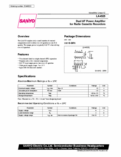 Sanyo LA4525 Dual AF amplifier for radio cassette recorders