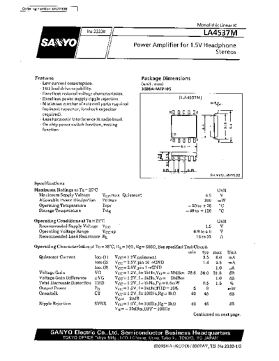 Sanyo LA4537M power amplifier fo 1.5v headphone stereos