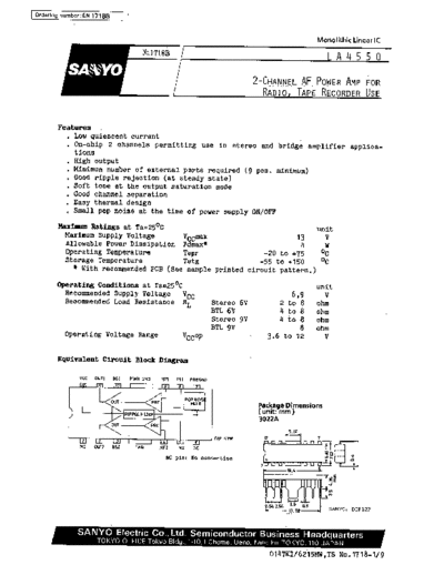 Sanyo LA4550 2-channel AF power amp for radio, tape recorder use