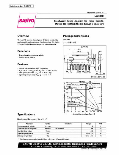 Sanyo LA4598 Two channel power amplifier for radio cassette players