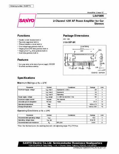 Sanyo LA4700 2-channel 12W AF power amplifier for car stereos