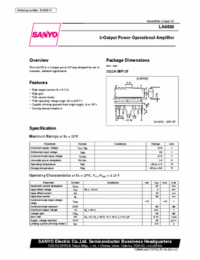 sanyo LA6520 3-Output Power Operational Amplifier