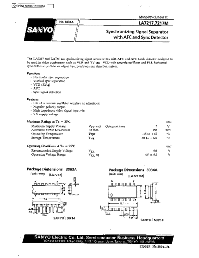 Sanyo LA7217 LA7217 LA7217M synchronizing signal separator with AFC and sync detector