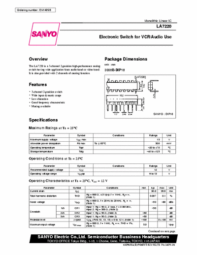 Sanyo LA7220 Electronic switch for VCR / Audio use