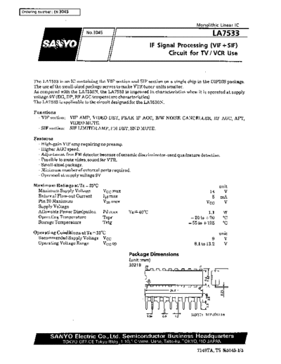 Sanyo LA7533 IF signal processing (vif+sif) circuit for tv/vcr use