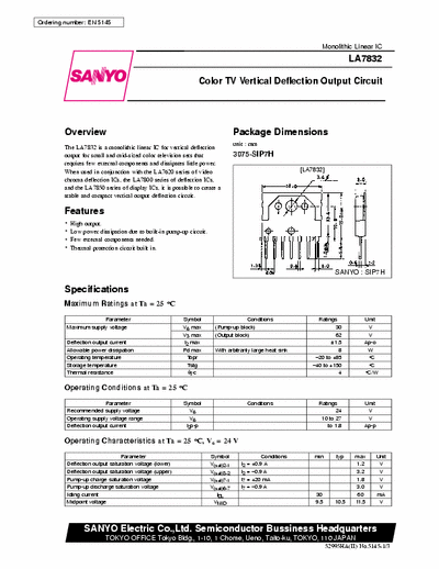 Sanyo LA7832 Color TV vertical deflection output circuit