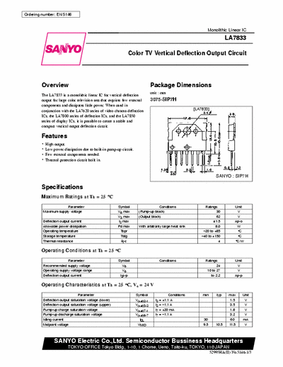 Sanyo LA7833 Vertical Deflection IC for large TVs