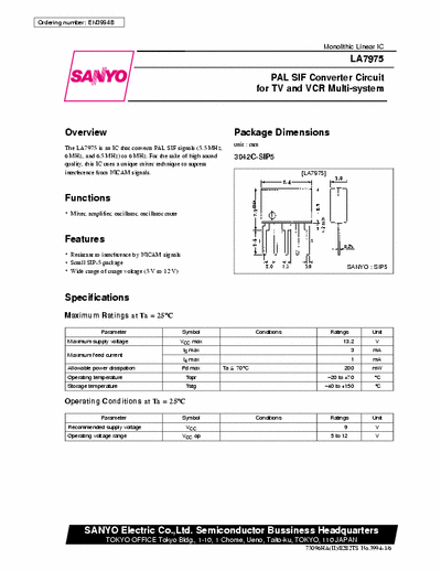 Sanyo LA7975 PAL SIF converter circuit for TV and VCR multi system