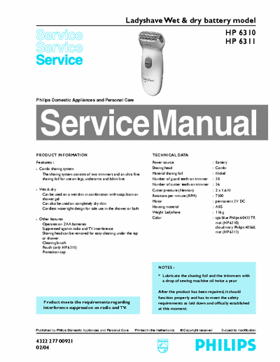 Philips HP6310 Service Manual Ladyshave Wet e Dry Battery Model (4322 277 00921) - pag. 2