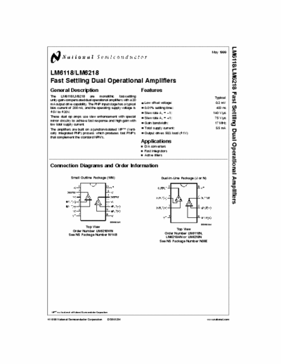 National LM6118 LM6118/LM6218
Fast Settling Dual Operational Amplifiers