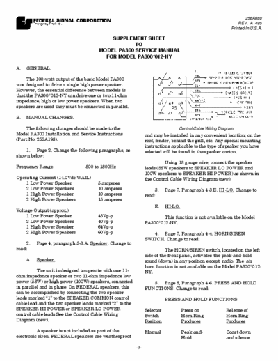 federal signal corporation PA300 sirena y altavoz para emergencias patrullas, esquema y manual.