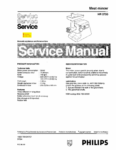 Philips HR2720 Service Manual Meat Mincer 350w 97/04 - pag. 3