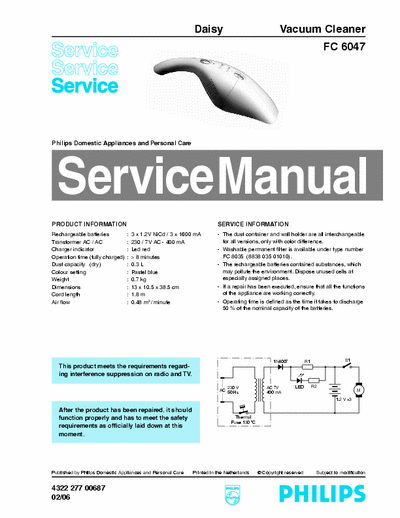 Philips FC6407 Service Manual mini-Vacuum Cleaner Rechargeable 02/06 - pag. 2