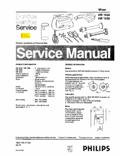 PHILIPS HR 1534, HR 1535 Service Manual Domestic Appliances and Personal Care - pag. 2