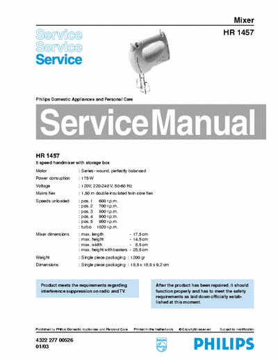 Philips HR1457 Service Manual Mixer (Domestic Appliances) 175W - pag. 2