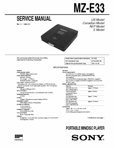 Sony MZ-E33 MZ-E33 - PORTABLE MINIDISC PLAYER - Service Manual