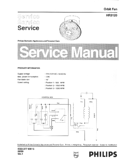 Philips HR3120 Service Manual Orbit Fan - 220-240V, 73W, 16