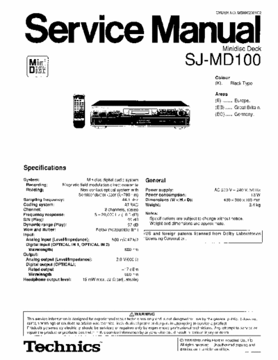 Technics SJ-MD100 SJ-MD100 MiniDisc Deck - digital audio system -
Service Manual