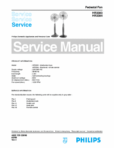 Philips HR3383, HR3384 Service Manual Pedestal Fan 63W [2-99] - pag. 3