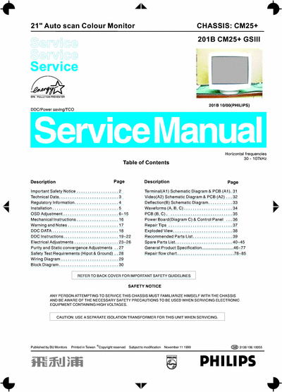 Philips 201B Philips 201B (business class) monitor
service manual
