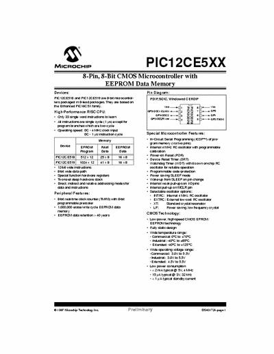 Microchip PIC12CE5XX 8-Pin, 8-Bit CMOS Microcontroller with
EEPROM Data Memory