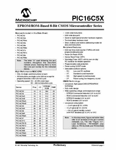 Microchip PIC16C5X EPROM/ROM-Based 8-Bit CMOS Microcontroller Series