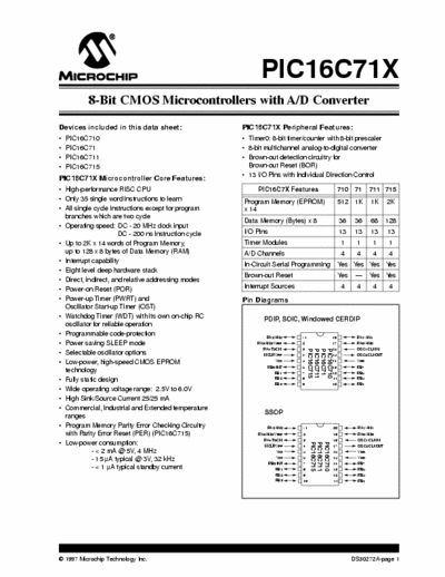 Microchip PIC16C71X 8-Bit CMOS Microcontrollers with A/D Converter