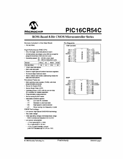 Microchip PIC16CR54C ROM-Based 8-Bit CMOS Microcontroller Series