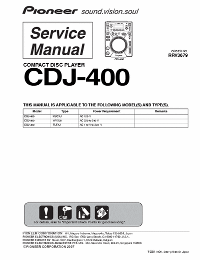 PIONEER CDJ 400 PIONEER CDJ 400 SERVICE MANUAL