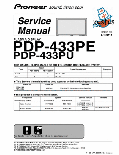 PIONEER PDP-433PE, PDP-433PU PDP-433PE, PDP-433PU