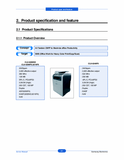 Samsung CLX-6210FX Service Manual Chapter 2: Product specification and feature