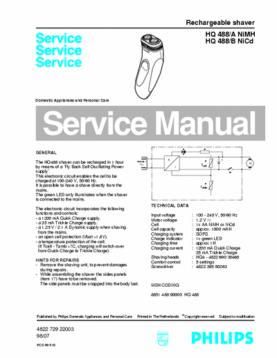 Philips HQ 488/A NiMH Service Manual Rechargeable Shaver (98/07) - pag. 2