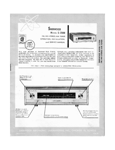 Sherwood S2100 Service manual for original S2100, for serial numbers D21001 and up. AM/FM tuner with built-in MPX and a magic eye tuning tube. See separate file for high-res large-format version of schematic.