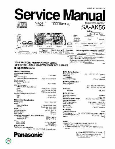 Panasonic SA-AK55 Manual de Servicio Tecnico. completo!!! Centro musical - 5 cds changer - Radio fm/am - doble electronic cassette player.