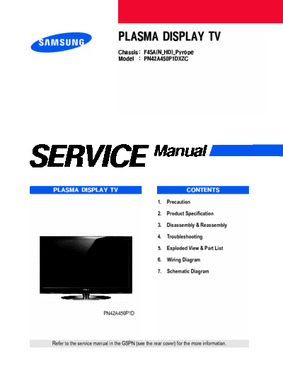 Samsung PN42A450 Samsung Plasma PN42A450P1DXZC service manual, full Chassis # F45A(N_HD)_Pyrope also covers PN50A450P1D