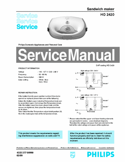 Philips HD2420 Service Manual Sandwich Maker 900W 02/04 - pag. 3