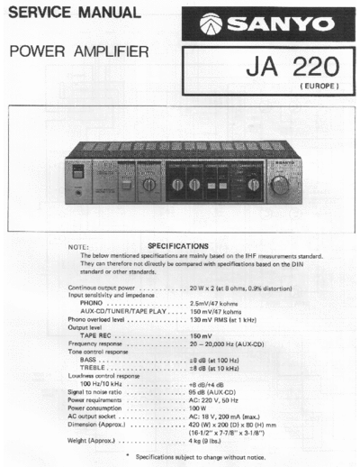 Sanyo JA 220 Sanyo JA220 Power Stereo Amplifier Service Manual