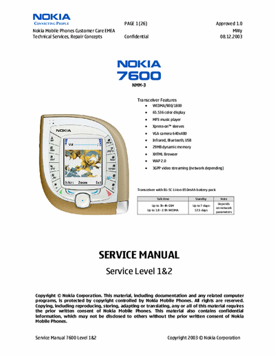 Nokia 7600 Service Manual Confidential Nokia Mobile Phones Customer Care EMEA - (Tot File 2.633Kb) Part 1/2 - pag 26