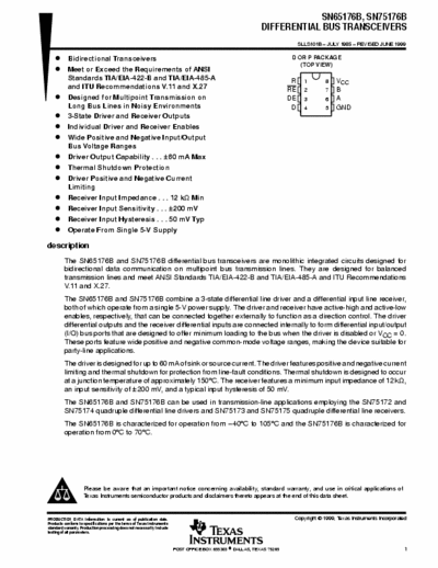 Texas Instruments SN65176B SN65176B, SN75176B
DIFFERENTIAL BUS TRANSCEIVERS