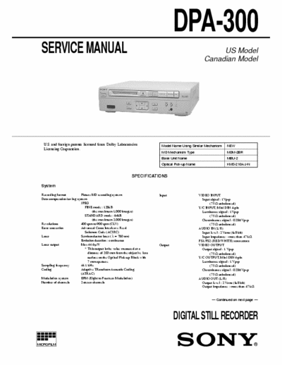 Sony DPA-300 DPA-300 Picture MD recording system
DIGITAL STILL RECORDER
Service Manual