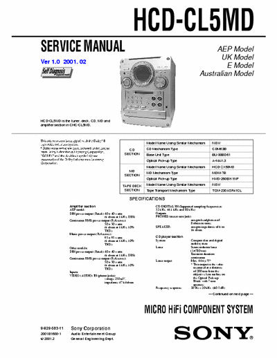 Sony HCD-CL5MD HCD-CL5MD tuner, deck, CD, MD and
amplifier
MiniDisc Audio System
MICRO HiFi COMPONENT SYSTEM
Service Manual