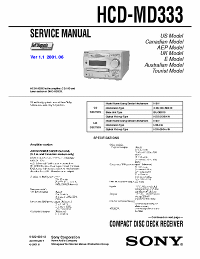Sony HCD-MD333 HCD-MD333  Amplifier, CD, MD and Tuner
MiniDisc digital audio system
COMPACT DISC DECK RECEIVER
Service Manual
