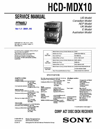 Sony HCD-MDX10 HCD-MDX10  tuner, deck,CD, MD and amplifier
COMPACT DISC DECK RECEIVER
Service Manual