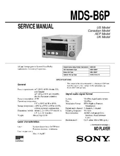 Sony MDS-B6P MDS-B6P MiniDisc Player , dolby
Service Manual